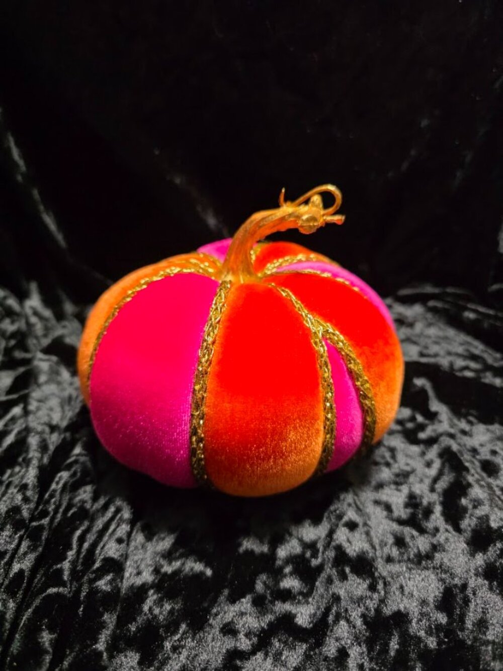 Orange and Hot Pink Velvet Pumpkin, Gold Cord Trim, Handcrafted